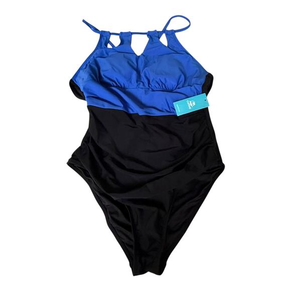 NEW Cupshe SWIMSUIT Women's LG Blue & Black High Neck Cut-Out One Piece Swimsuit - Picture 3 of 11